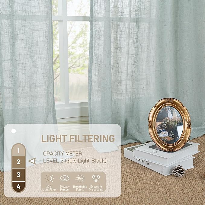 LAMIT Light Filtering Linen Curtains 68 inches Long for Bedroom, Faux Linen Textured Semi Sheer Back Tab and Rod Pocket Modern Drapes for Living Room/Farmhouse, Greyish Blue, 2 Panels, 52 x 68 Inch