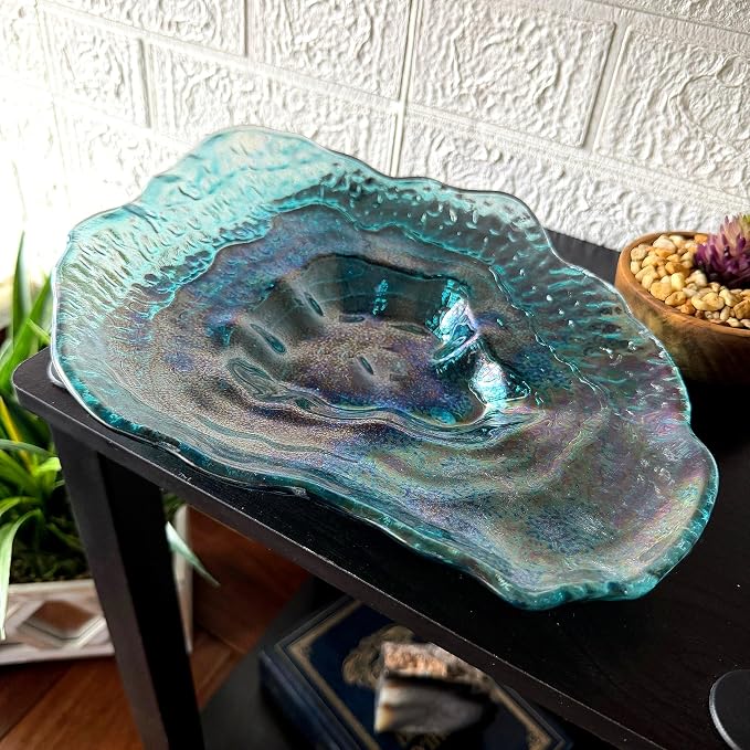 Oyster Shell Decorative Plate, 13 Inch Sea Blue Iridescent Glass | Wide Freeform Shell Form, Wavy Uneven Edges, Glossy Multitone Finish, Sits Flat for Tabletop Display