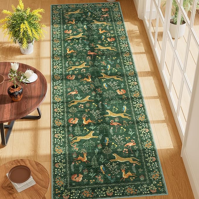DUKINO Runner Rug, 2x7 Washable Kitchen Rugs for Hallways with Non Slip Backing, Soft Low Pile Vintage Animal Runner for Kitchen, Hallway, Entryway, Laundry, Bedroom, Green