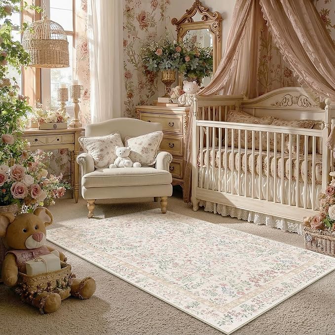 PureCozy 4x5 Pink Area Rug for Entryway Washable Vintage Floral Carpet Low Pile Non Slip Botanical Aesthetic Soft Accent Throw Rug Entrance Kitchen Bedroom Nursery Office Indoor