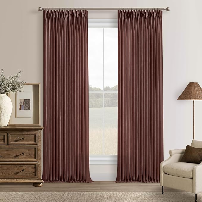 Pinch Pleated Thick Linen Curtains 90 Inches Long for Living Room Bedroom Rustic Memory Shaped Semi Sheer Privacy Reddish Brown Pleat Drape Back Tab Light Filtering Patio Door Curtain 2 Panels 50x90
