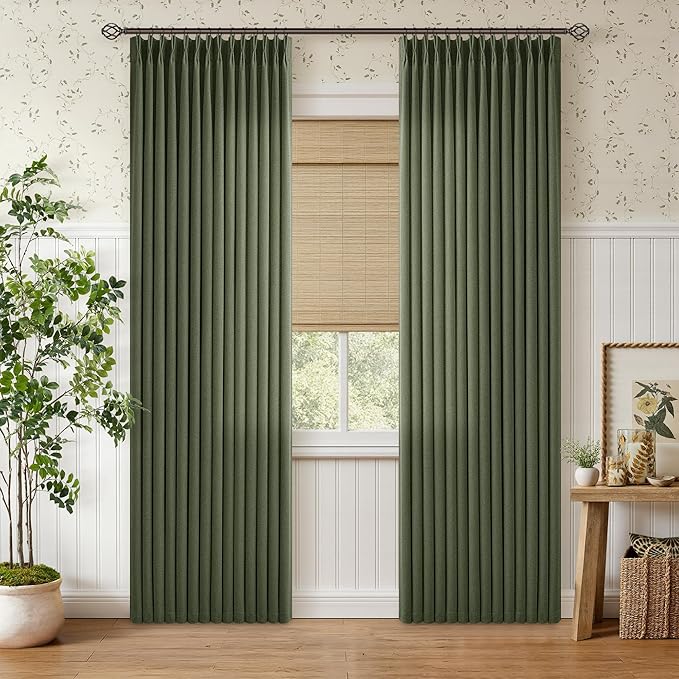 Dark Green Pinch Pleated Sheer Curtains 80 Inches Long 2 Panles for Living Room Bedroom Memory Trained Olive Green Linen Textured Window Drapes Light Filtering Privacy Curtain 40x80 Inch Length