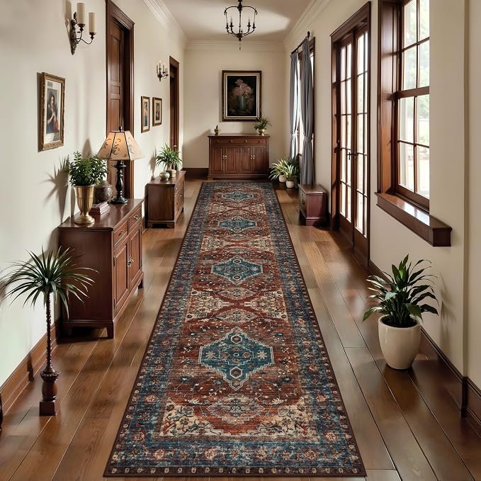 Tangsoo Oriental 2.6x12 Washable Hallway Runner Rug, Non Slip Vintage Long Runner Rug for Hallways, Soft Low Pile Rug Runner, Boho Print Carpet Runners for Kitchen Bedroom Entryway Living Room Rust