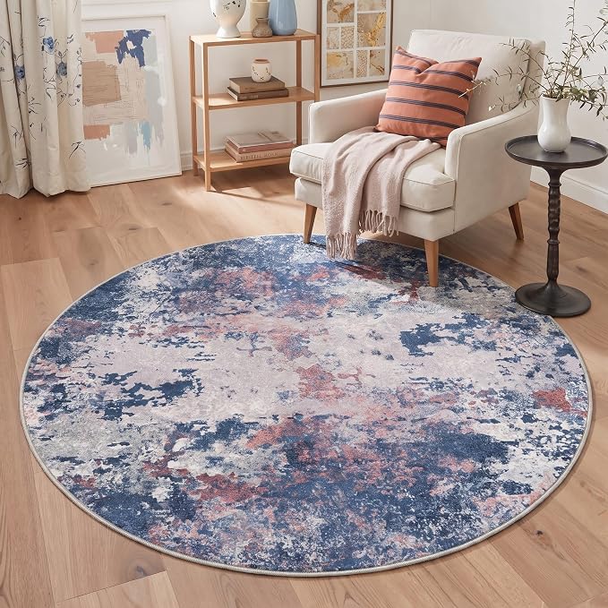 BEIMO Round Rugs 5FT for Living Room Bedroom, Modern Abstract Machine Washable Rug, Large Soft Low Pile Indoor Floor Carpet with Non Slip Backing for Dining Room, Red Blue