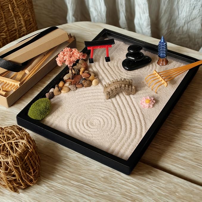 Island Falls Home Zen Garden Kit 11x8in. Beautiful Japanese Decor Mini Rock Feature Gift Set for Home, Office Desk. Zen Sand Garden, 6 Tools, 15 Accessories. Sand Tray Therapy Desktop Meditation Room