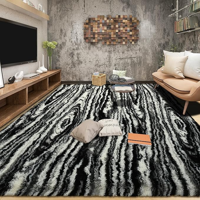 Tepook Area Rugs 9x12 for Living Room, Super Soft Fluffy Rugs for Bedroom, Modern Shaggy Rug Fuzzy Carpets for Kids, Plush Indoor Nursery Home Decor Rug with Non-Slip Bottom, Black White