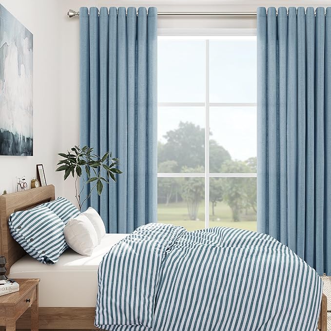 Dusty Blue Linen Curtains 96 Inches Long for Living Room Patio Door 2 Panels Set Grommet Textured Light Reducing Semi Sheer Drapes Breathability High Window Curtain for Dining Room Office 52x96