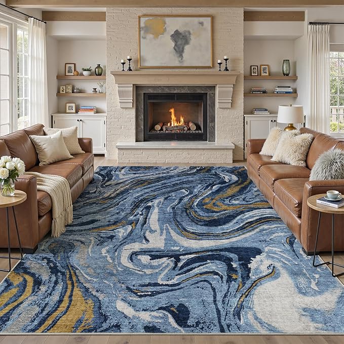 DMOYEST 8x10 Area Rug for Living Room - Washable Neutral Modern Abstract Rugs Soft Non-Slip Carpet Low Pile Indoor Floor Mat for Bedroom & Dining Room Decor for Families with Kids and Pets- Dark Blue