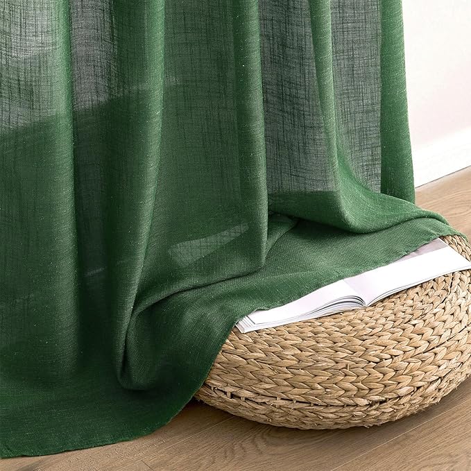 MIULEE Emerald Green Linen Curtains 108 Inches Long for Bedroom Living Room, Soft Thick Linen Textured Window Drapes Semi Sheer Light Filtering Back Tab Rod Pocket Christmas Decor, 2 Panels