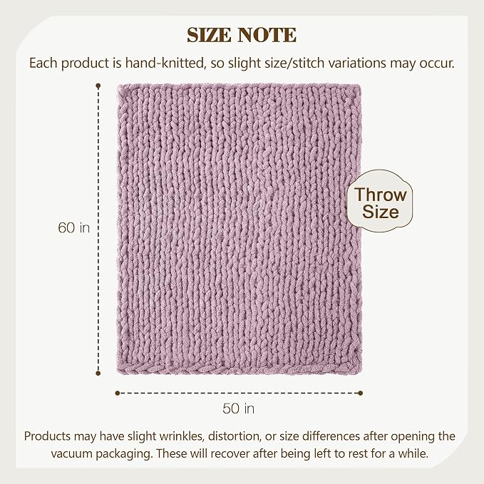 Carriediosa Chunky Knit Throw Blanket 50" X 60", 100% Hand Made Large Chenille Loop Yarn Soft Fluffy Throws for Couch Sofa Bed, Big Crochet Cozy Heavy Thick Cable Woven Blankets, Purple