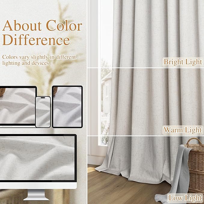Guken 90 Inch Long Natural 100% Blackout Linen Curtains for Living Room Back Tab Rod Pocket Modern Farmhouse Thermal Insulated Drapes for Bedroom Black Out Window Curtain 2 Panels, 52x90