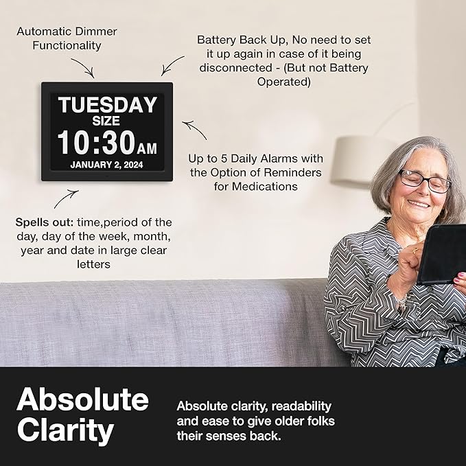 American Lifetime New 2026 Dementia Clock Large for Seniors, Digital Clock Large Display with Custom Alarms, Clock with Day & Date for Elderly, Number Digital Clock 12 Inches Black