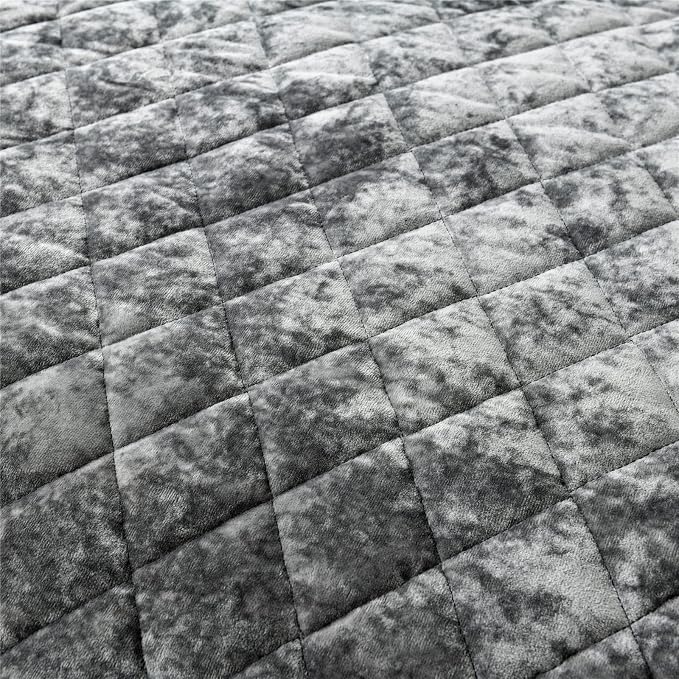 Fredsure Distressed Velvet Quilt Set, 3 Pieces Grey Queen, Distressed Velvet Face and Brushed Microfiber Reverse, with Diamond Quilting