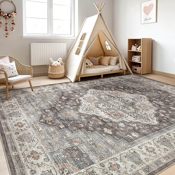 6x8 Area Rug Living Room: Washable Boho Large Neutral Vintage Soft Rug Stain Resistant Farmhouse Non-Slip Indoor Floor Carpet for Bedroom Nursery Kids Office Dining Room Playroom- Grey Brown