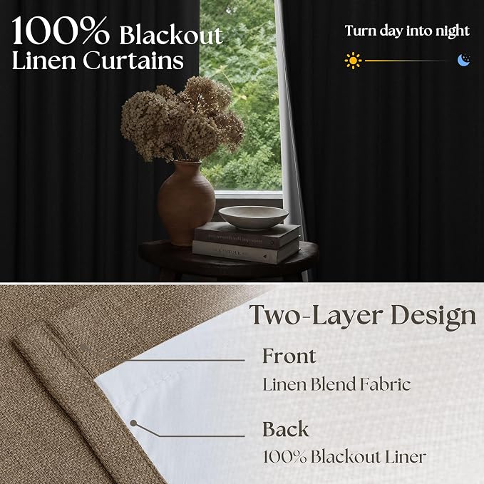 Latte Brown Pleated Linen Blackout Curtains 90 Inches Long for Bedroom Living Room Pinch Pleat Black Out Thermal Insulated Room Darkening Ring Hooks Room Darkening Drapes Curtains with Liner 40x90