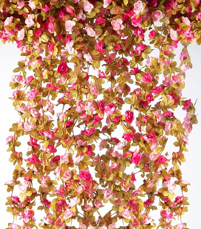 PONKING 6 Pcs x 8.2 ft Flower Garland Artificial Rose Vine Flowers with Green Leaves Hanging Fake Roses Vine for Room Party Home Wedding Birthday Christmas Wall Arch Decor, Fall Purple Flower