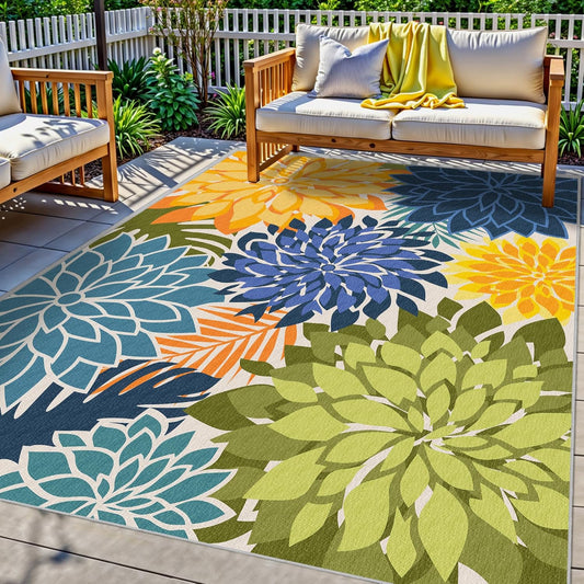 Indoor Outdoor Area Rug Washable Multicolored Patio Rug Tropical Botanical Modern Floral Indoor Outdoor Carpet Non Slip Yellow Green Rug Non Shedding for Patio, Deck, Backyard, Porch (8x10)