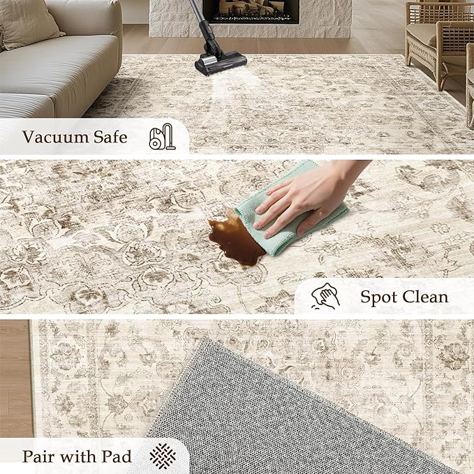 6x9 Washable Neutral Area Rug Beige Vintage Living Room Bedroom Carpet Non-Slip Medium Pile Thicker Floral Indoor Throw Rug for Dining Room Entryway Office