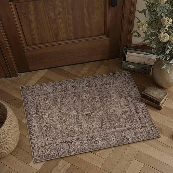 HUGEAR Entryway Rugs 2x3 Rust Red Washable Rug Door Mat Neutral Vintage Rug Carpet Distressed Soft Durable Non Slip No Shedding for Indoor Bedroom Kitchen Dining Nursery Laundry