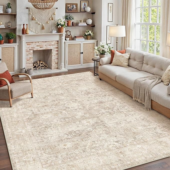 12x15 Beige Area Rug for Living Room Bedroom Neutral Soft Non Slip Rug Low Pile Vintage Distressed Large Carpet for Dining Room Nursery Office Indoor