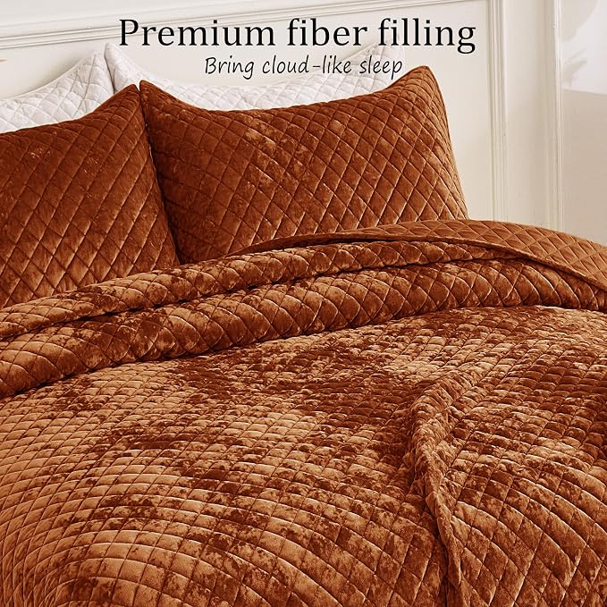 Velvet King Quilt Size Set 98x106 Luxury Ultra Soft Bedspread Coverlet 3-Piece King Comforter Sets with 2 Pillow Shams 20x36 Super Cozy for All Seasons Velvet Bedding Set, Caramel