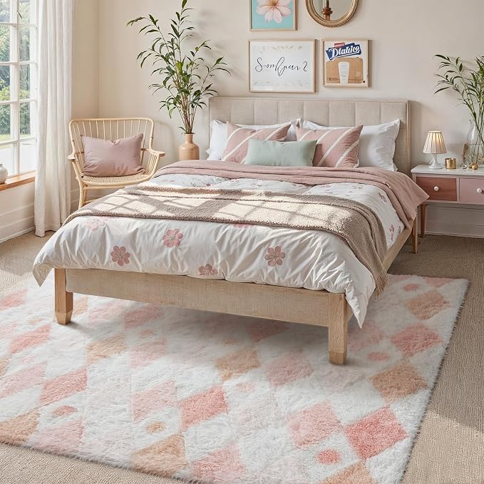 PureCozy Checkered Rug 5x8 Fluffy Shag Living Room Pink Area Rug Modern Washable Carpet Soft Shaggy Non Slip Indoor Plush Fuzzy Rugs for Bedroom Dorm Office Home Aesthetic Decor