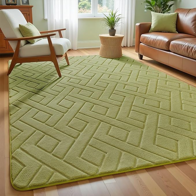 Macgace Ultra Soft Green Area Rug for Living Room, 5x7 Modern Geometric Shag Rugs with Nonslip Backing for Bedroom, Washable Fuzzy Carpet for Cozy Kids Room Nursery