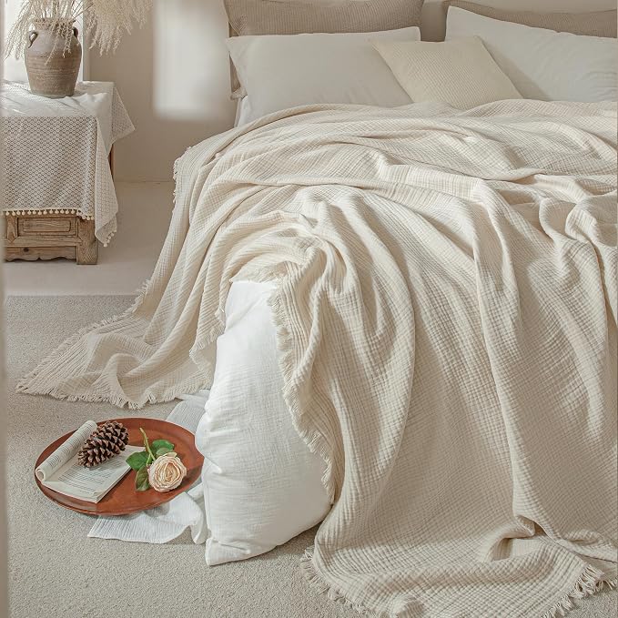 Muslin Fringe Blankets for Adults: 100% Cotton Cloud Soft | 4-Layer Gauze Breathable Lightweight All Season Throw Blanket for Bed Couch Sofa Office