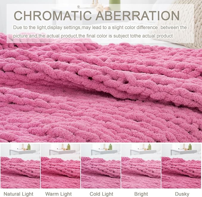 Chunky Knit Throw Blanket 60x80, 100% Handmade Chenille Yarn | 6.7lbs Soft Thick Cable Knitted Blankets, Large Rope Knot Crochet Throws for Couch Sofa Bed Machine Washable, Hot Pink