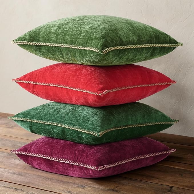 decorUhome Chenille Soft Cozy Throw Pillow Covers 22x22 Set of 2, Modern Farmhouse Boho Velvet Decorative Euro Sham Pillow Cases with Stitched Edge for Couch Sofa Bed Home Decor, Christmas Red