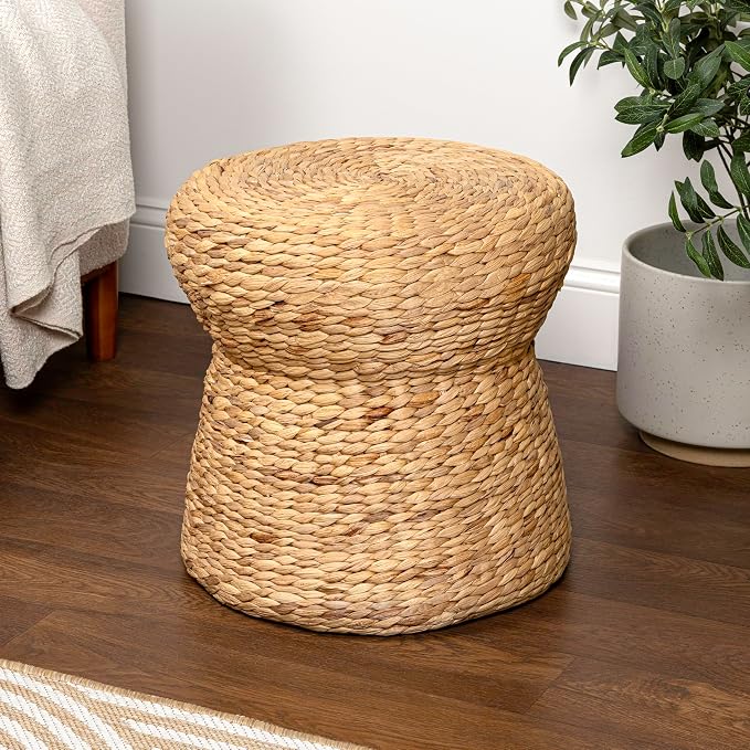 JONATHAN Y Alberto 15.7" Handwoven Water Hyacinth Pouf Stool, Hourglass Wicker Ottoman Footrest and Side Table for Living Room, Bohemian Natural Extra Seating TBL2502A