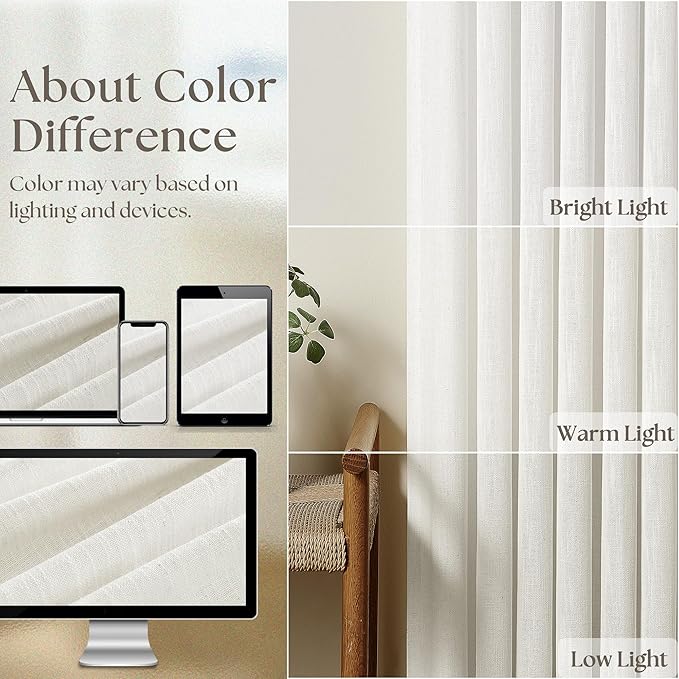 Beige White Linen Curtains 108 Inches Long 2 Panels Set for Living Room Neutral Boho Thick Linen Textured Pinch Pleated Memory Shape Light Filtering Ceiling Semi Sheer Window Curtain Hook Rings Ivory