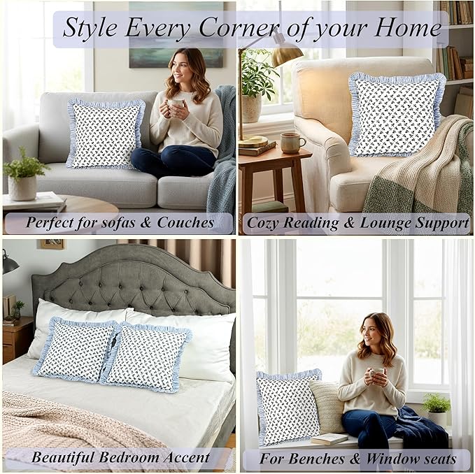 Ridhi Block Print Baby Blossoms Throw Pillow Cover 24" x 24" (Pack of 2) Decorative Cushion Covers with Ruffle for Couch, Sofa, Bed, Living Room, Home Decor Gift for Spring, Easter, Valentine