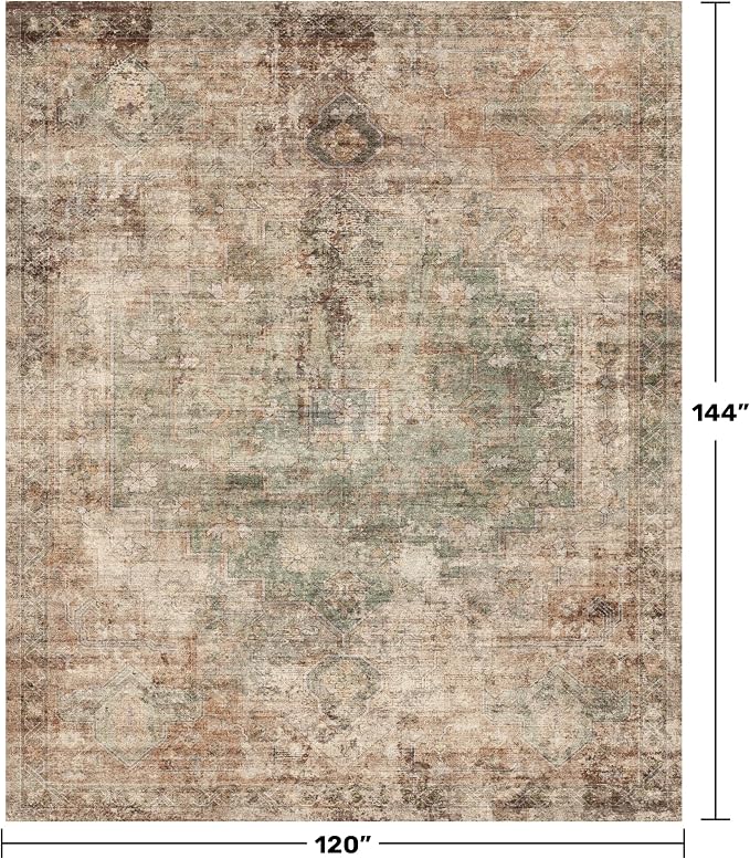 Hazo Haus Vintage Distressed Medallion Area Rug for Living Room – 10x12 Green Brown Large Washable Rug for Bedroom & Dining Room Under Table, Ultra-Thin Soft Non-Slip Lightweight Printed Design