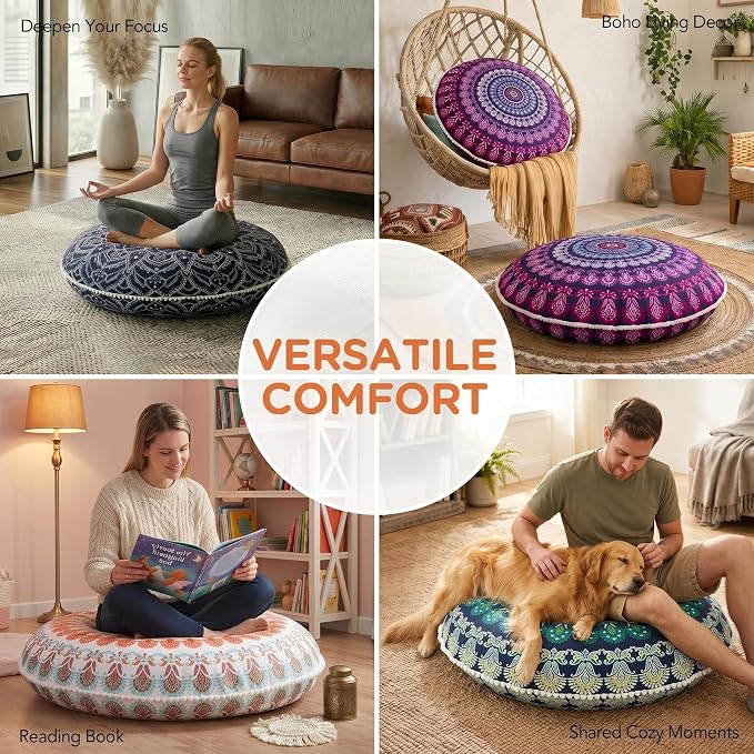 Codi Meditation Floor Pillow, Round Large Pillows Seating for Adults, Bohemian Mandala Circle Cushion for Outdoor Fireplace Yoga Living Room, 32 Inch, Memory Foam Added, Coral