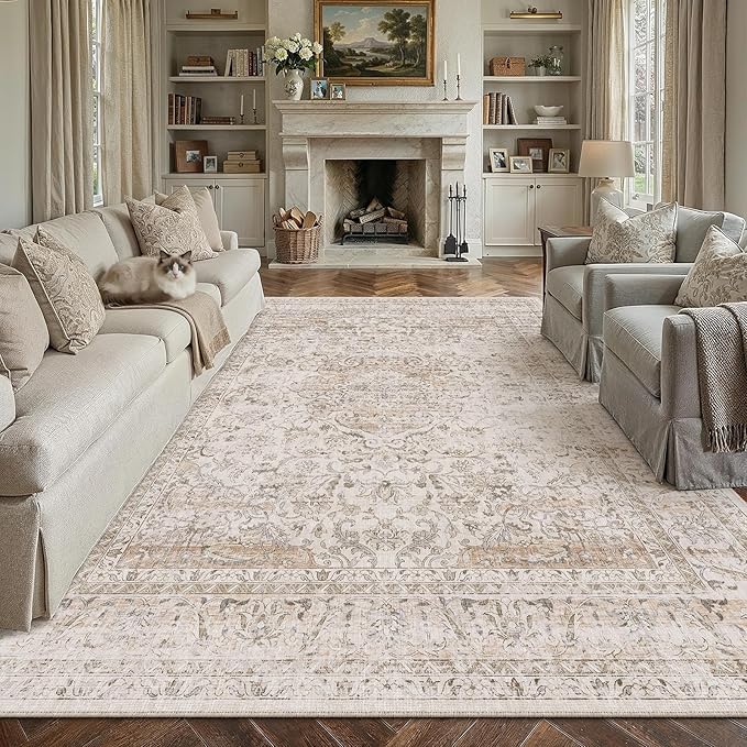 12x15 Washable Area Rug Beige Vintage Non Slip Soft Low Pile Rug for Living Room Bedroom Dining Room Office Distressed Oriental Indoor Extra Large Throw Carpet for Home Decor