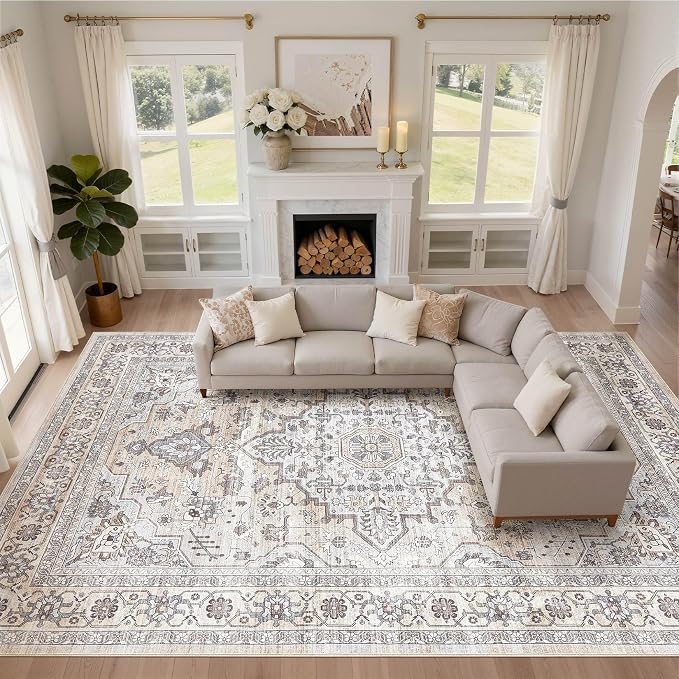 10x12 Area Rug Living Room: Washable Boho Large Neutral Vintage Soft Rugs Stain Resistant Farmhouse Non Slip Indoor Floor Carpet for Bedroom Nursery Kids Playroom Office Dining Room- Ivory Gray