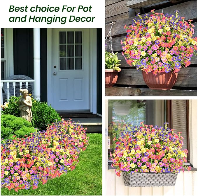 trytuny 10 PCS Artificial Plants Outdoor,Artificial Flowers UV Resistant Fake Flowers,Fake Plastic Faux Flowers for Porch Window Box Home Garden Decor