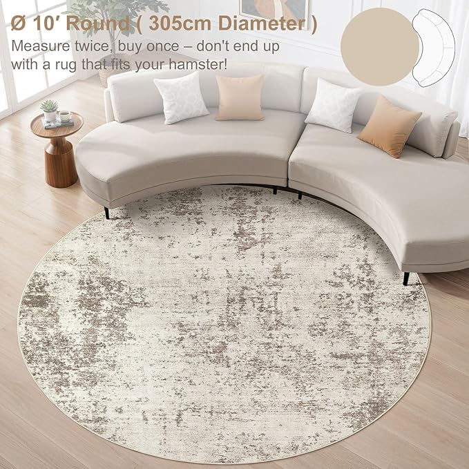 UERMEI 10ft Round Area Rug Living Room Rugs - 10x10 Washable Large Neutral Modern Abstract Soft Thin Rug Indoor Floor No Slip Rug Carpet for Bedroom Under Dining Table Home Office Decor - Golden Grey
