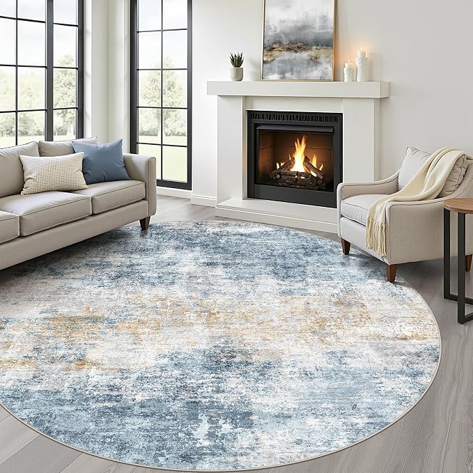 8ft Round Rug Living Room: 8x8 Washable Large Neutral Circle Area Rug Abstract Soft Modern Stain Resistant Indoor Floor Non-Slip Carpet for Bedroom Nursery Kids Office Playroom Dining Room- Blue Gold