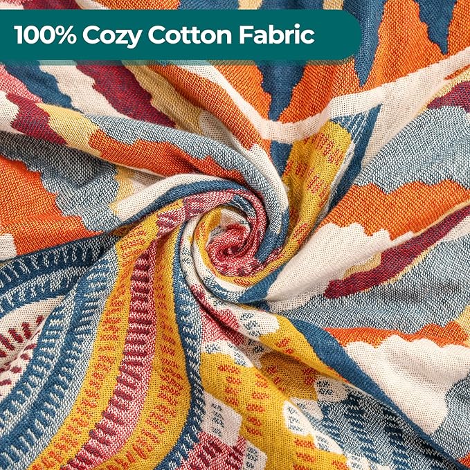 Queen Boho Throw Blanket for Bed 100% Cotton Ultra Soft Rustic Cozy Muslin Quilt Farmhouse Decor Bed Blanket,80"×90" All Season Rustic Throw for Sofa Couch,Colourful Sun