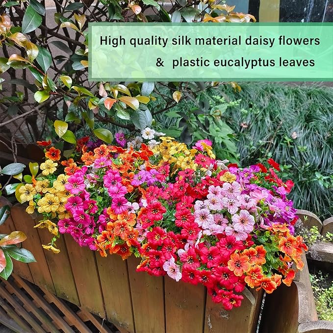 WEAUSUP 28 Bundles Artificial Plants & Flowers Silk Fake Flowers UV Resistant Bushes Plastic Artificial Flowers Faux Outdoor Indoor Plants for Spring Summer Patio Decorations(7 Colors)