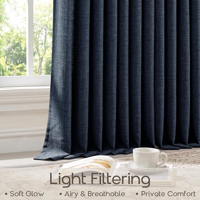 Navy Blue Thick Linen Curtains 108 Inches 2 Panels Set Modern Vintage Pinch Pleated Semi Sheer Drapes for Living Dining Room Back Tab Memory Trained Shaped Light Filtering Curtains 108 Inch Length