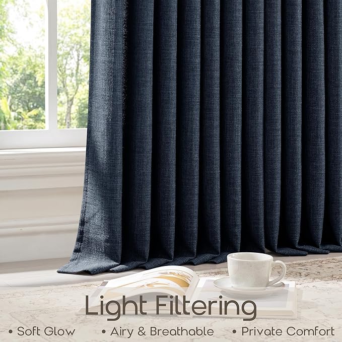102 Inch Pleated Blue Curtains 2 Panels Set Navy Moody Light Filtering Linen Textured Window Pinch Pleat Drapes with Hooks Rings 102 Inches Semi Sheer Privacy Back Tab Curtains for Living Dining Room