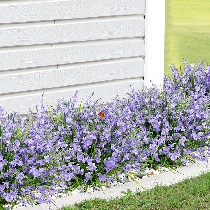 20 Bundles Artificial Lavender Flowers for Outdoors Fake Silk Flowers Faux Plants UV Resistant for Indoor Outside Spring Porch Garden Window Table Box Office Home Decorations, Purple