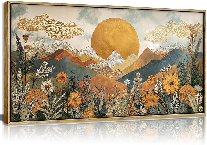 Vintage Framed Large Abstract Mountain Wall Art,Horizontal Boho Nature Landscape Canvas Print,Daisy Sun and Flowers Picture Poster,Japanese Orange Painting Artwork for Bedroom Living Room Office