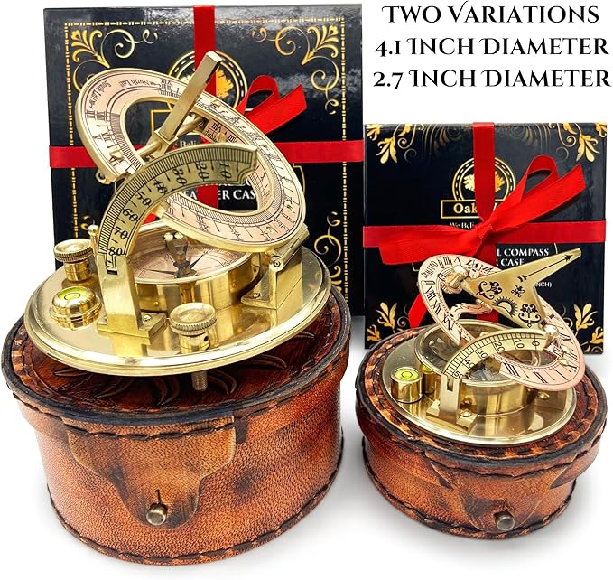 OakiWay Brass Sundial Compass in Leather Case - Nautical Gifts for Men, Antique Sailing Anniversary Vintage Gifts, Unusual Unique Nautical Decor, Ship Naval Maritime Pocket Watch Clock (4.1" Inch)