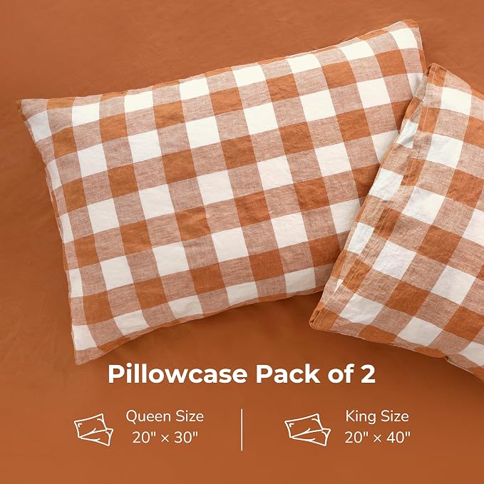 Linen World Linen Plaid Pillow Cases, Rust Plaid, Queen 20"x30" | Set of 2, 100% French Flax, Gingham, Envelope Closure, Soft Breathable