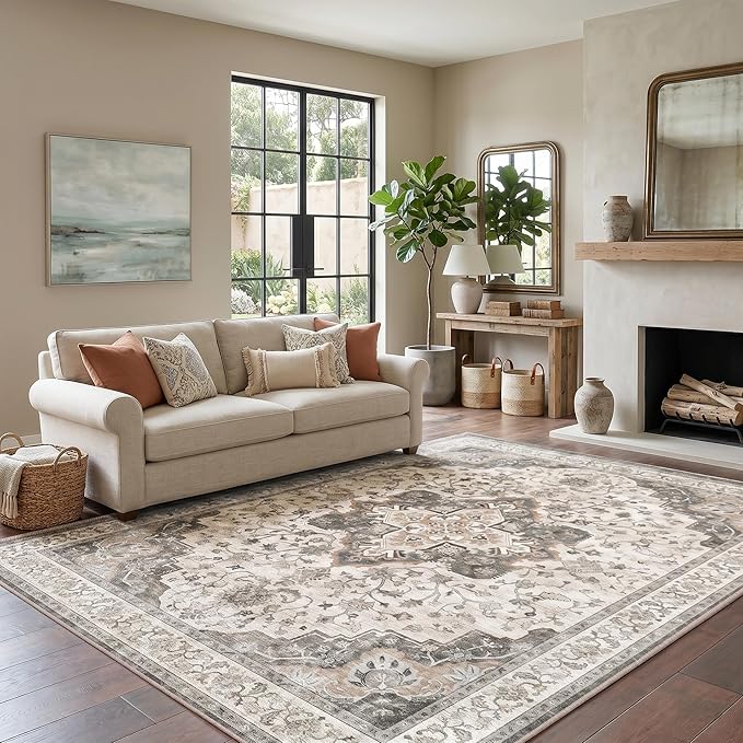 AMADA HOMEFURNISHING 5x7 Area Rugs, Washable Living Room Rug Low-Profile with Non-Slip Backing & Durable Edge Binding, Vintage for Living Room, Bedroom, Dining Room, Brown