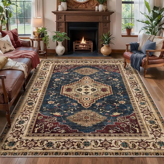 Tangsoo Vintage 4x6 Washable Area Rug, Oriental Indoor for Living Room, Non Slip Machine Washable Large Tumble Rugs, Soft Print Carpet for Bedroom Dining Room Dorm Office Home Decor Dark Blue Beige